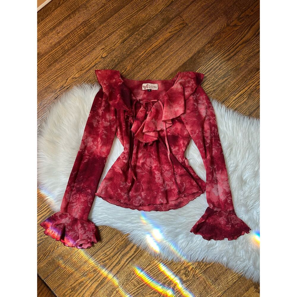Vintage Y2K Triology Ruffle Flowy Fairy Red Blouse Shirt